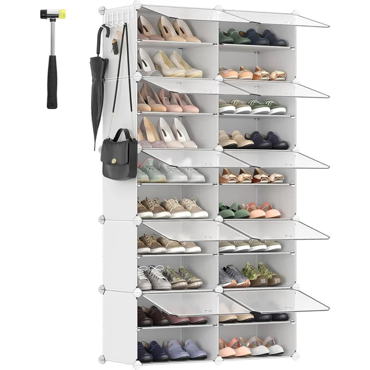 SONGMICS Schuhregal mit 10 Fächern, Schuhschrank, 30 x 40 x 30 cm pro Fach, schmal, mit Türen, Stahlrahmen, Kunststoff, für Flur, Schlafzimmer, Eingangsbereich, weiß LPC035W01