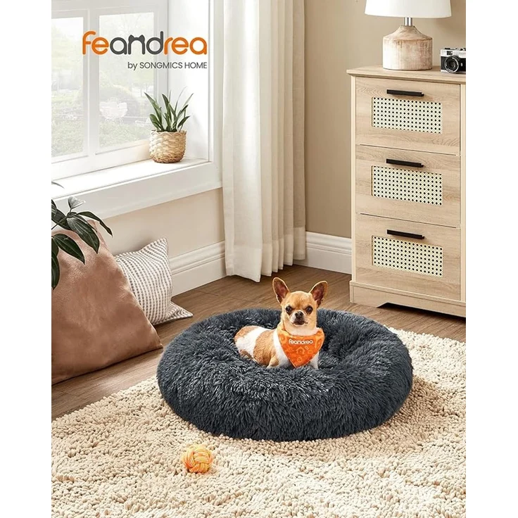 Feandrea Hundebett flauschig, Katzenbett, Donut Kissen, waschbar, Polsterung in der Mitte herausnehmbar, langer Plüsch, 60 cm Durchmesser, dunkelgrau – Bild 2