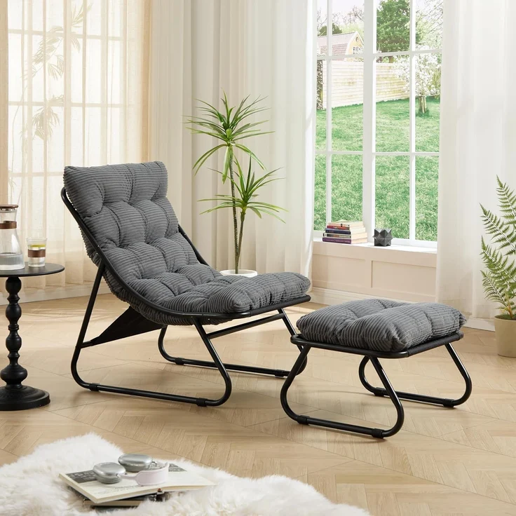 LVHOM Sessel mit Hocker, Gepolsterter Loungesessel aus Cord mit Metallgestell, ergonomischer Relaxsessel für Wohnzimmer und Schlafzimmer, Grau – Bild 5