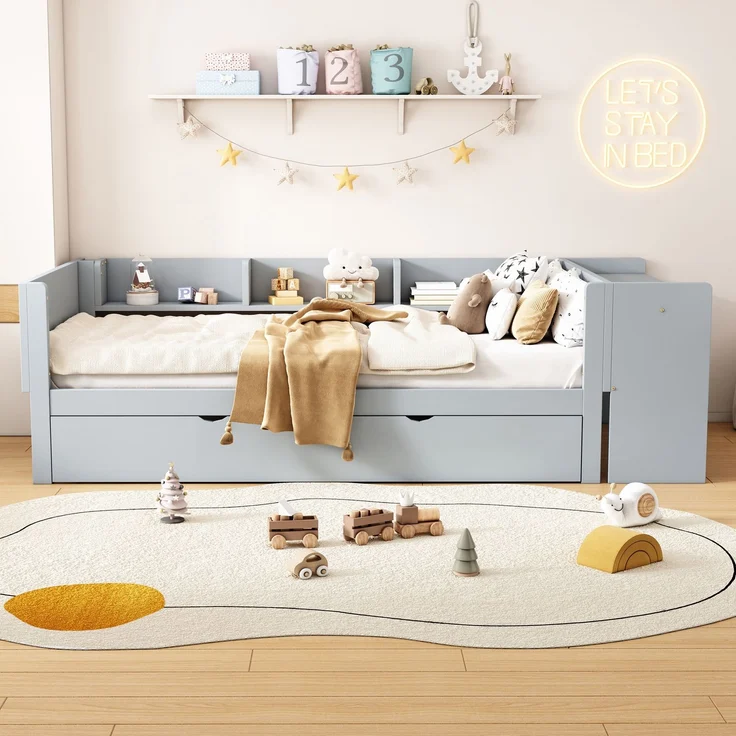Kinderbett 90x200 cm mit ausziehbarem Rollbett, Schreibtisch & seitlichen Regalen, Funktionsbett aus Kiefernholz Grau – Bild 3