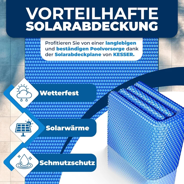 KESSER® Pool Solarfolie 400 µm | Solarplane Poolabdeckung | Solarabdeckplane flexibel zuschneidbar | Poolplane für Wassererwärmung | Solarabdeckung mit Schere, Lochzange & 12 Ösen Blau, Ø 600 cm – Bild 6