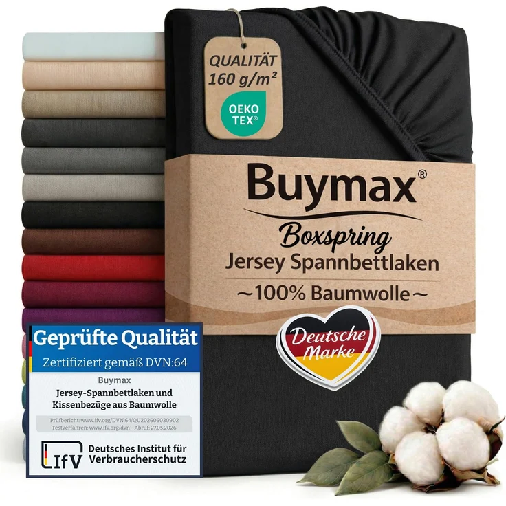 Buymax Spannbettlaken Boxspringbett 140x200-160x220 cm, 100% Baumwolle Jersey, 160 g/m², Oeko-TEX, für hohe Matratzen, Schwarz