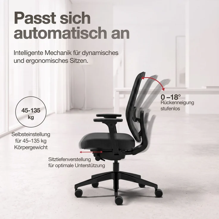 ASSMANN Ergonomischer Bürostuhl Atessa mit Netzrücken Schwarz 63x53x100cm Textil – Bild 4