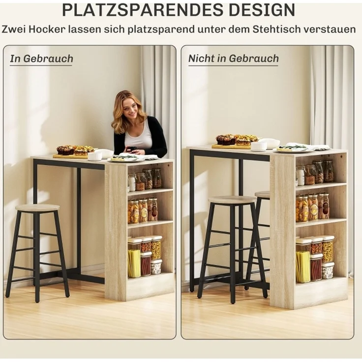 Esstisch-Set 91x49x91 cm in Schwarz mit Stauraum und 2 Hockern, industrielle Holzoptik – Bild 6