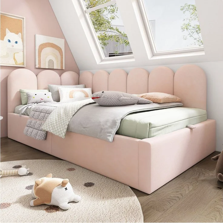 Odikalo Stauraumbett Kinderbett Polsterbett Tagesbett Schlafsofa Samt 90x190/200 Beige/Rosa – Bild 3