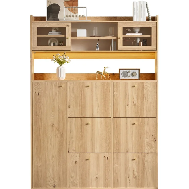 ZUBALIYA Schuhschrank (130 x 25 x 180 cm), 6 Klappfächer, LED - Beleuchtung, Stauraum für Flur und Eingangsbereich, Naturfarben – Bild 18
