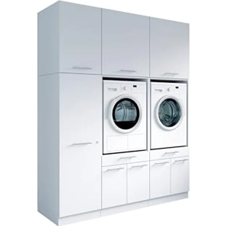Laundreezy Waschraum Komplett-Set, Weiß - Modulares Schranksystem für Waschküche & Hauswirtschaftsraum - 186 x 238 x 68 cm (B/H/T)
