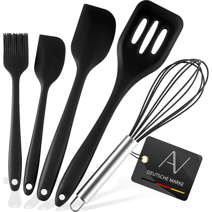 AVANA Kochbesteck-Set Silikon Küchenhelfer Hitzebeständig Kochgeschirr Küchenutensilien (5 Stück), Schneebesen, Spachtel, Backpinsel, Pfannenwender – Bild 1
