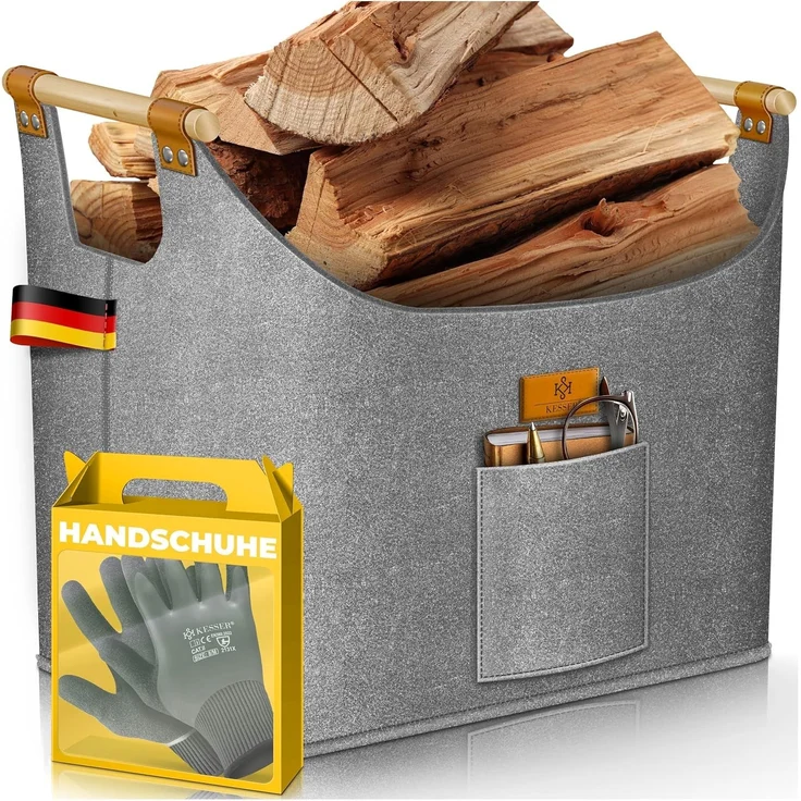 KESSER® Brennholzkorb | Kaminholztasche extra dicker Filz | Feuerholzkorb faltbar mit verstärkten Holzgriffen | Aufbewahrungskorb für Holz, Zeitung oder Brennholz | Inkl. Arbeitshandschuhen Grau, 60 Liter – Bild 1