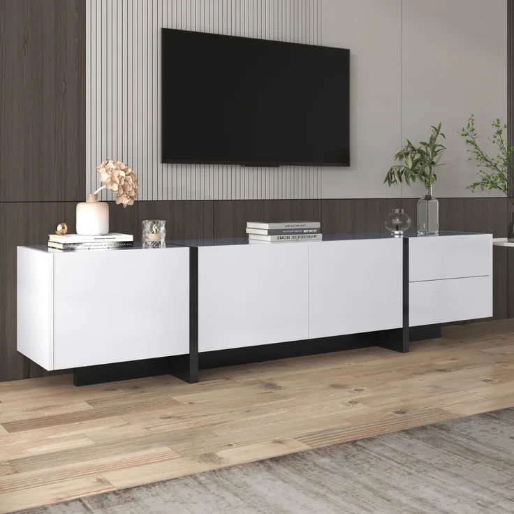 TV-Schrank 190x45x35 cm in Hochglanz Weiß und Schwarz mit Türen und Schubladen