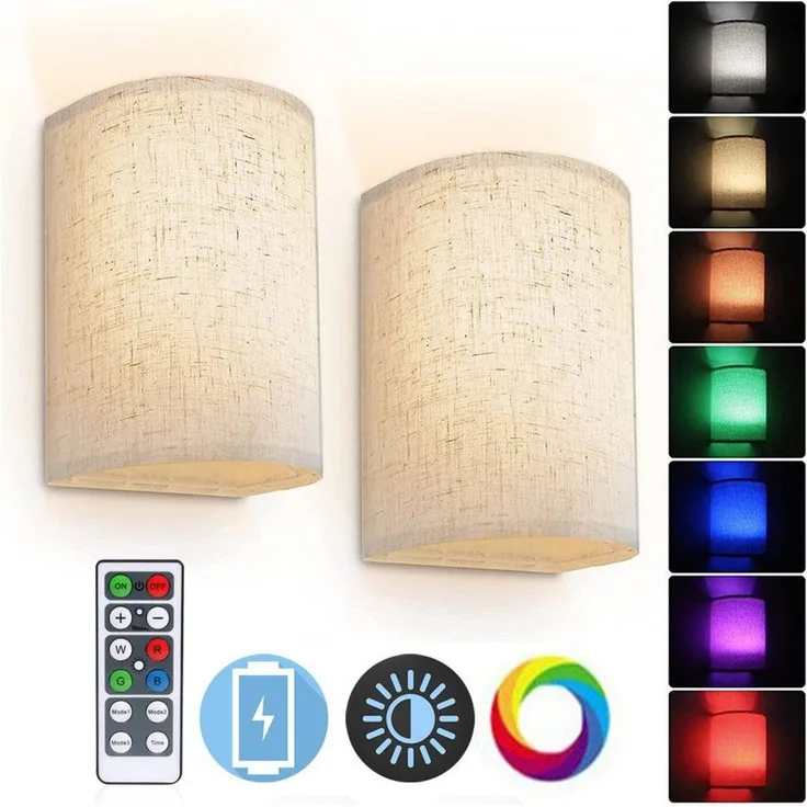 POPOLIC LED Wandleuchte 2x LED-Wandleuchte mit RGB-Farben & Dimmfunktion – 3 Betriebsmodi, aufladbar, RGB, kabellose Fernbedienung, für verschiedene Einsatzorte geeignet.