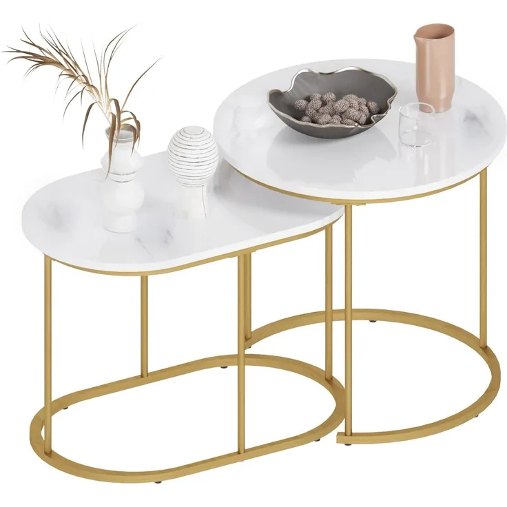 SogesHome Satztische fürs Wohnzimmer 2er Set Couchtisch Beistelltisch Sets Wohnzimmertisch Nachttisch Satztisch Pflanztisch mit Metallgestell, einfacher Aufbau