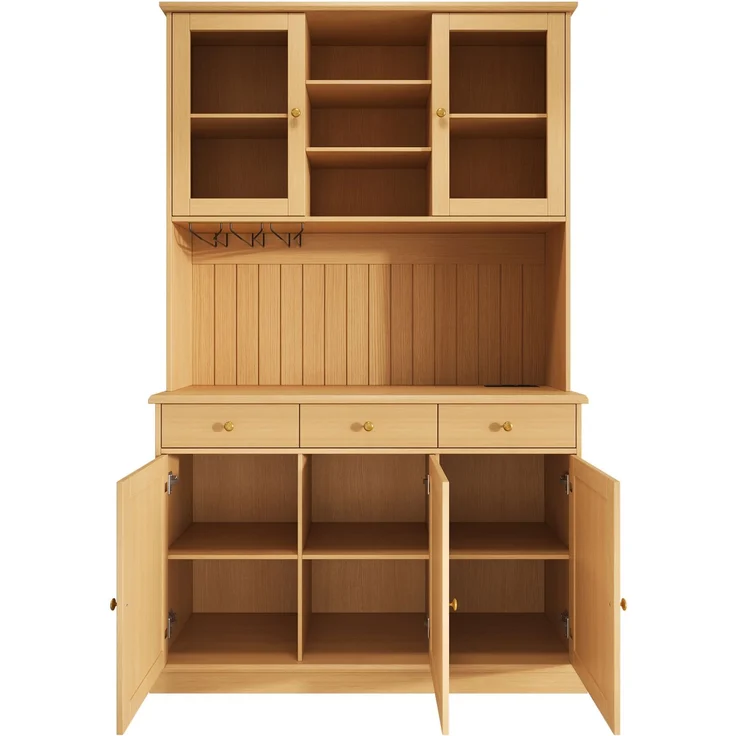 Buffetschrank mit Glastüren, Gläserhalter & USB-Anschluss, 120x40x191 cm, Naturholz – Bild 4