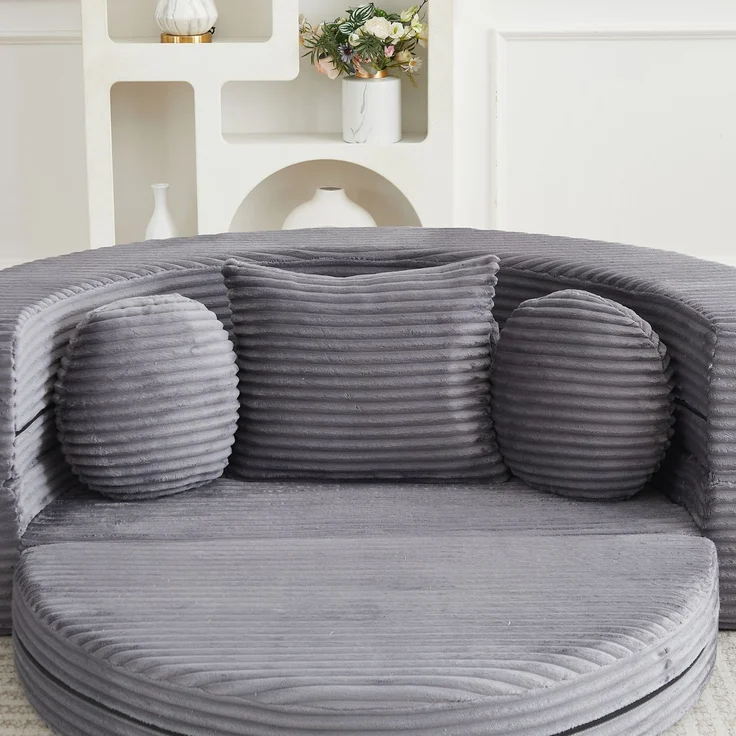 Schlafsofa aus Cord, 4-in-1 wandelbar zum runden Tagesbett, 180x183x55 cm, Grau – Bild 8