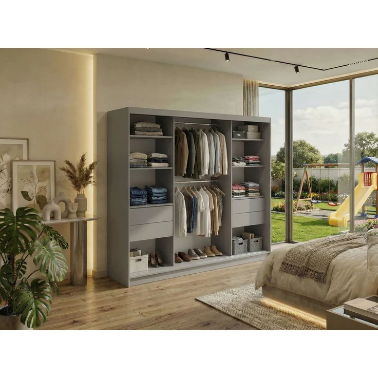 Schwebetürenschrank DUBROWNIK mit großer Spiegelfront, moderner Kleiderschrank, Breite 240 cm - Grau - inkl. Schubladen – Bild 3