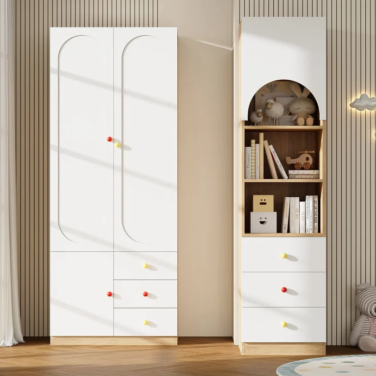 [ Old Sku:N883P33143940CB] Kleiderschrank-Set, Kombinationsmöbel aus 2-türigem Kleiderschrank und Ablageregal, Schlafzimmermöbel, Weiß und Holzoptik--Weiß+Natur--130x50x200cm--YOUDENOVA – Bild 4