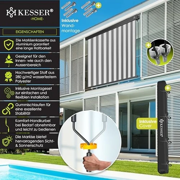KESSER® Senkrechtmarkise Außenrollo Handkurbelmechanismus Balkonrollo Sonnen & Sichtschutz Beschattung Sonnenschutz Außen Rollo mit Kurbel Markisenkasten Balkon & Terrasse Inkl. Montageset & Abdeckung Grau / Weiß, 180 x 250cm – Bild 2