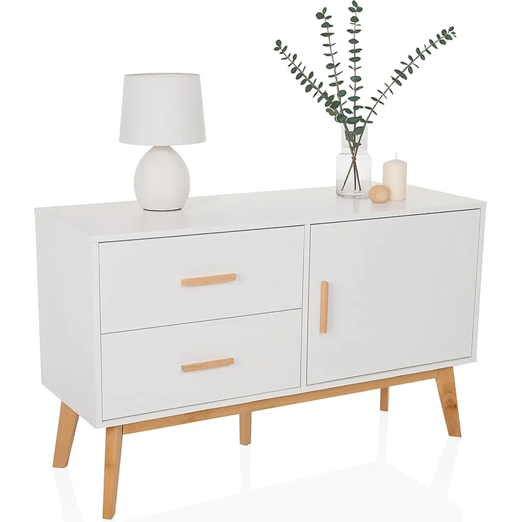 hjh LIVING Sideboard mit 2 Schubladen und 1 Tür TAROLO Kommode 120 x 40 x 72 cm Schrank im skandinavischen Stil Weiß, Fußgestell in Eiche – Bild 1