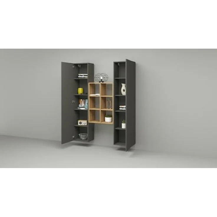 Dmora - Kommode Franco, Wohnzimmer-Set mit 2 Türen und Regalen, Wohnzimmer-Buffet, Küchen-Sideboard, 100% Made in Italy, 140 x 30 x 180 cm, Anthrazit und Ahorn – Bild 6