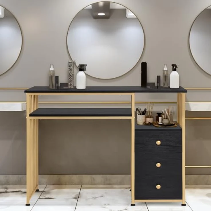 M MCombo Schreibtisch mit Schubladen, Schminktisch ohne Spiegel Schwarz-Gold, Nageltisch aus Holz Metallgestell, Computertisch Wohnzimmer Modern, 45,5 x 109 x 81cm, 2407GBK – Bild 8