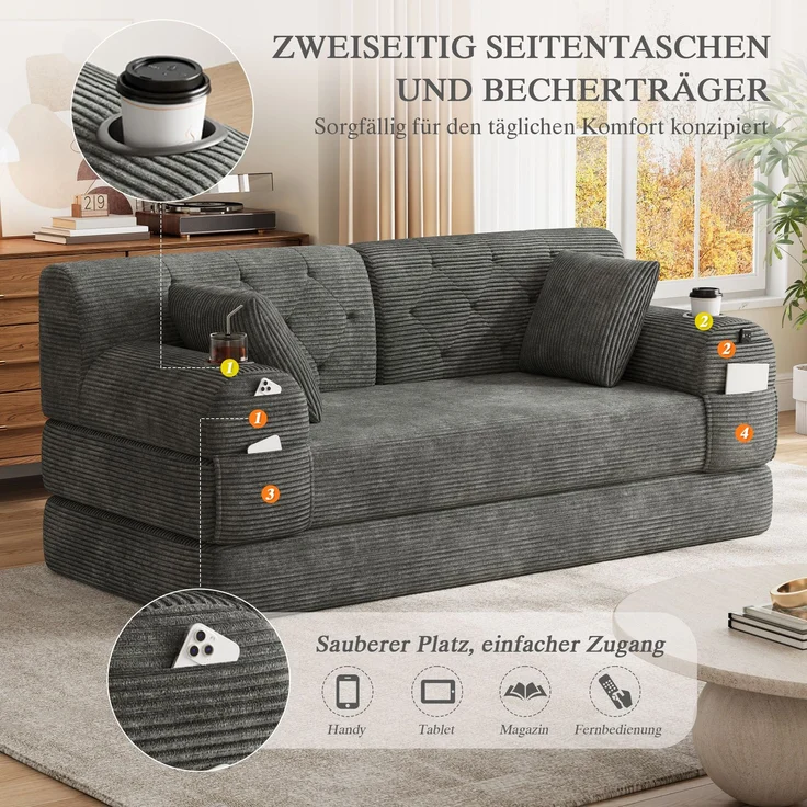 Wohnora-2-Sitzer Schlafsofa, komprimiertes Cord Sofa mit hoher Rückenlehne, Metallrahmen, hochdichtem Schaumstoff, 2 Getränkehaltern und 4 Seitentaschen, geeignet für Wohnzimmer und kleine Räume, Dunkelgrau,H 81cm x T 168cm x B 80cm – Bild 4
