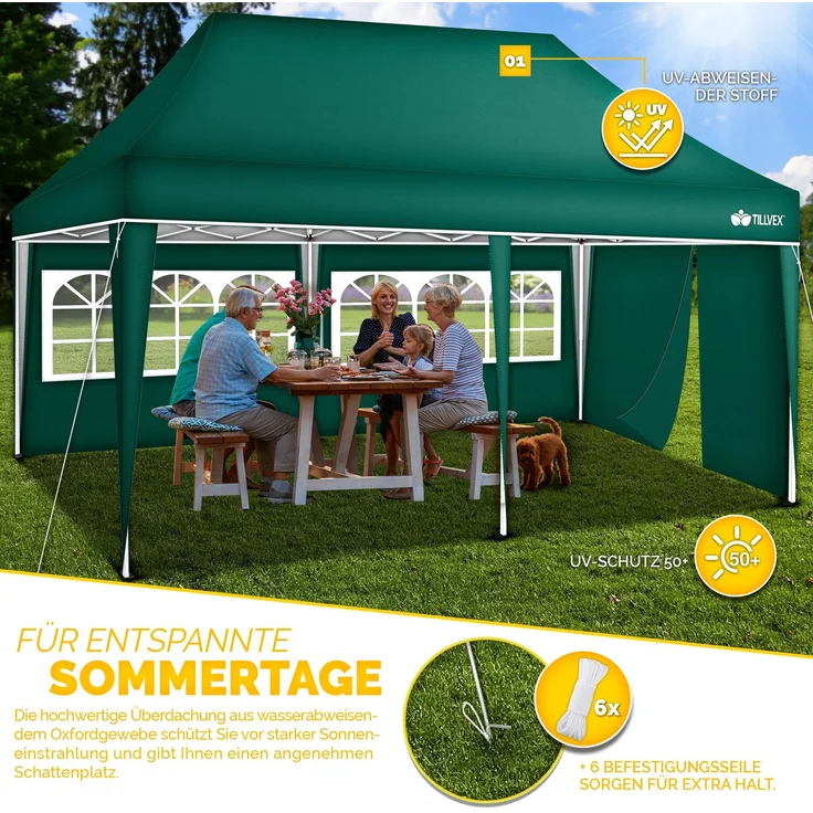 tillvex Pavillon 3x6m - mit 3 Seitenwänden Grün wasserdicht | Pop-Up Faltpavillon höhenverstellbar | Gartenzelt UV Schutz 50+ | Partyzelt mit Tasche für Garten – Bild 7