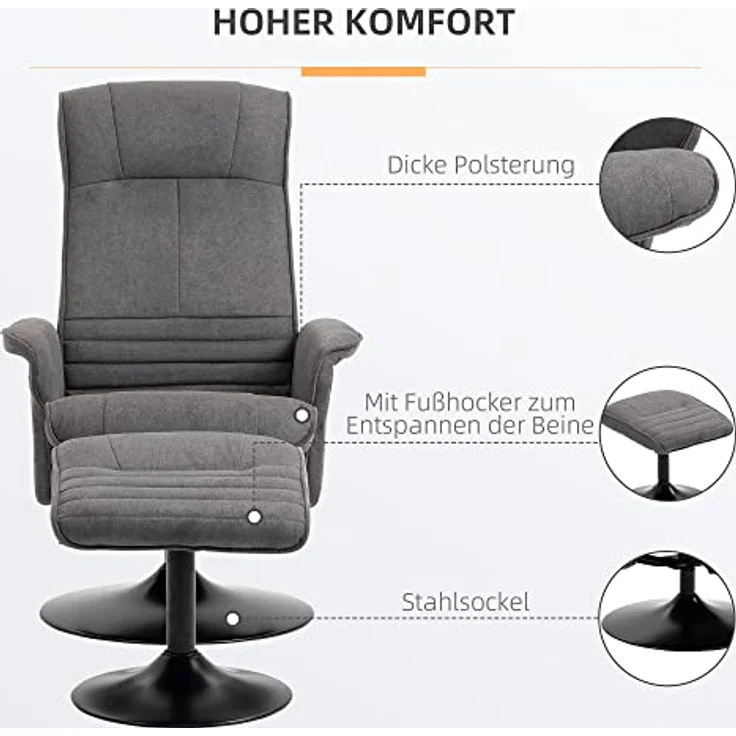 HOMCOM Relaxsessel Relaxstuhl mit Fußhocker, verstellbare Rückenlehne (Liegesessel, 2-St, Fernsehsessel), für Wohnzimmer, Schlafzimmer, Samt, Dunkelgrau – Bild 7