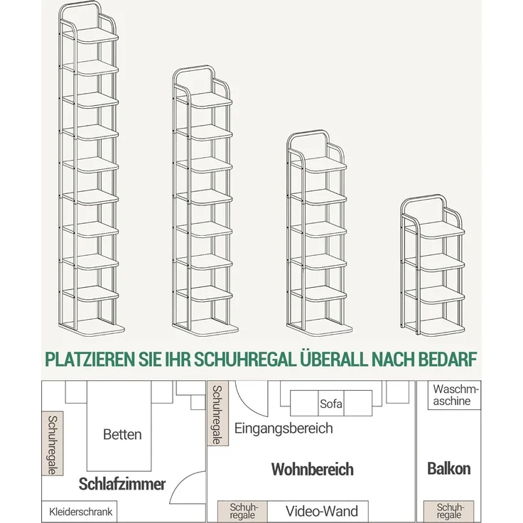 Vertikales Schuhregal, 10-Stöckige Schuhregale, Schuhturm für Kleine Räume, Freistehend, Verstellbar, Platzsparend, Helles Elfenbein und Schwarz – Bild 8