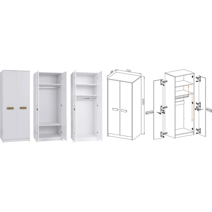 Marmex Möbel Grant Set-T Jugendzimmer Komplett-Set 5-teilig mit Kleiderschrank, Kommode, Schreibtisch, geschlossenes Regal, Wandregal, Kinderzimmermöbel mit Schreibtisch, laminierte Spanplatte, Kleiderstange, weiß+riviera Eiche, 449x195x55 cm – Bild 2