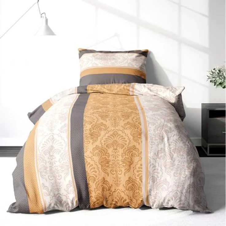 LINKHOFF Bettwäsche Biber Bettwäsche 135x200cm Paisley Anthrazit Beige, 100% Baumwolle, Winterbettwäsche Gestreift Sandfarben, Flanell Fein-Biber – Bild 2