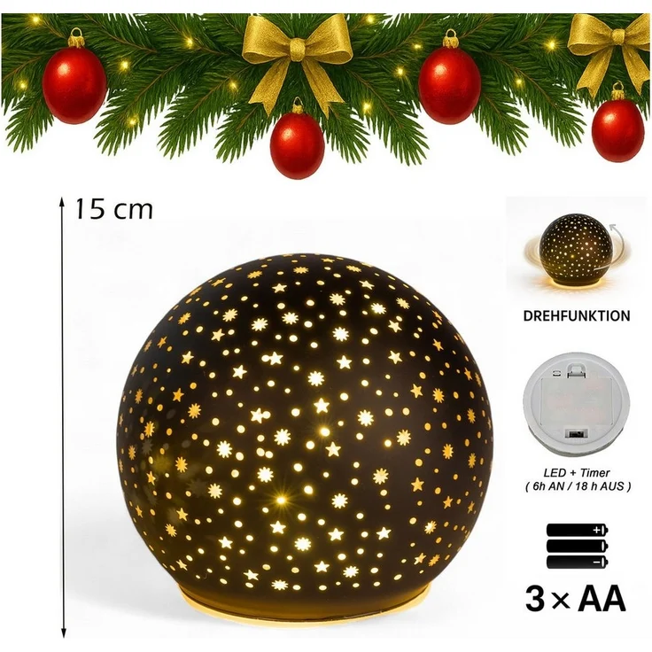 formano LED Deko-Kugel Drehend Schwarz - 15cm Glaskugel Timer 6h/18h Weihnachten Deko - mattes Farbglas und winterlichen Sterne-Dekor - Herbst Winter Weihnachtsdeko für Tisch Regal Fensterbank – Bild 2