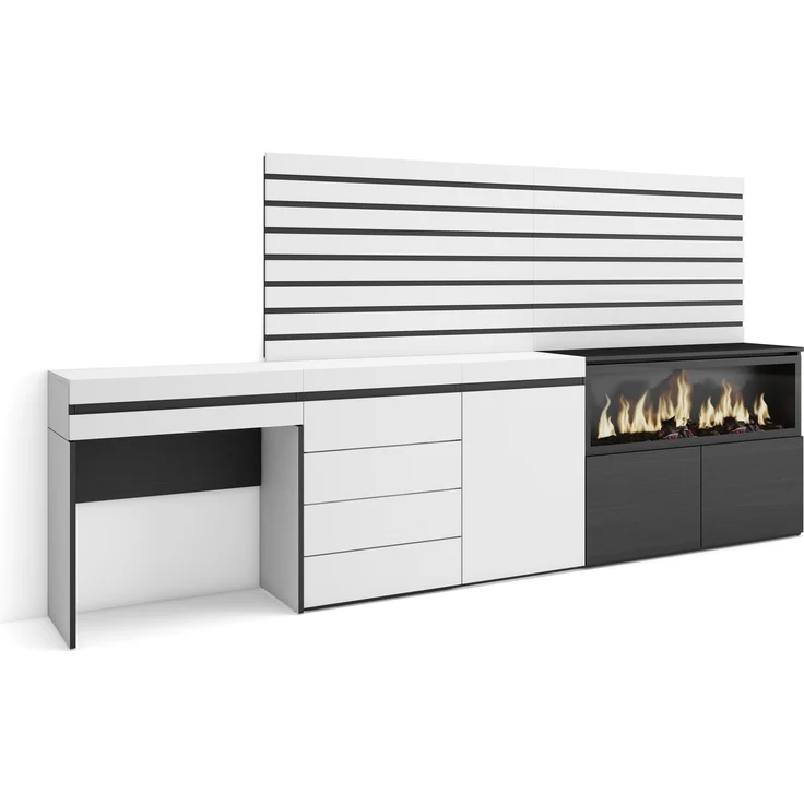 Skraut Home | Schminktisch | Frisiertisch mit Stauraum | 284x145x35 cm | mit Schublade | Elektrokamin XXL | Kommode mit Schubladen | Lamellenwand Holz | Moderner Stil | Weiß
