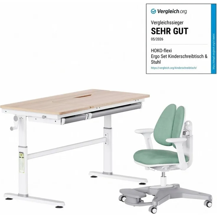 HOKO Kinderschreibtisch höhenverstellbar für Kinderzimmer (Tisch-Stuhl-Set, Kinder Schreibtisch mit 2 Schubladen und neigbarer Tischplatte, Kinderstuhl mit vielseitig verstellbaren Funktionen, 120x60 cm Arbeitsfläche, 80x40 cm neigbare Tischplatte), ve...