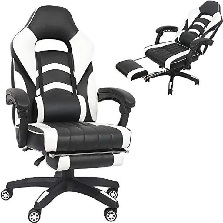 Gamingstuhl Weiß/Schwarz Chefsessel Drehstuhl Bürositz Schreibtisch Fußstütze