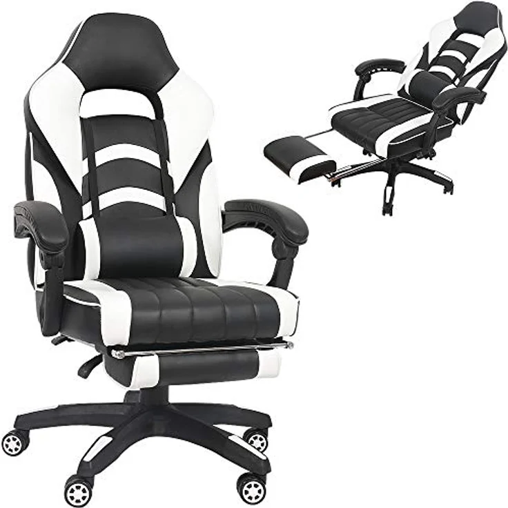 Gamingstuhl Weiß/Schwarz Chefsessel Drehstuhl Bürositz Schreibtisch Fußstütze – Bild 1