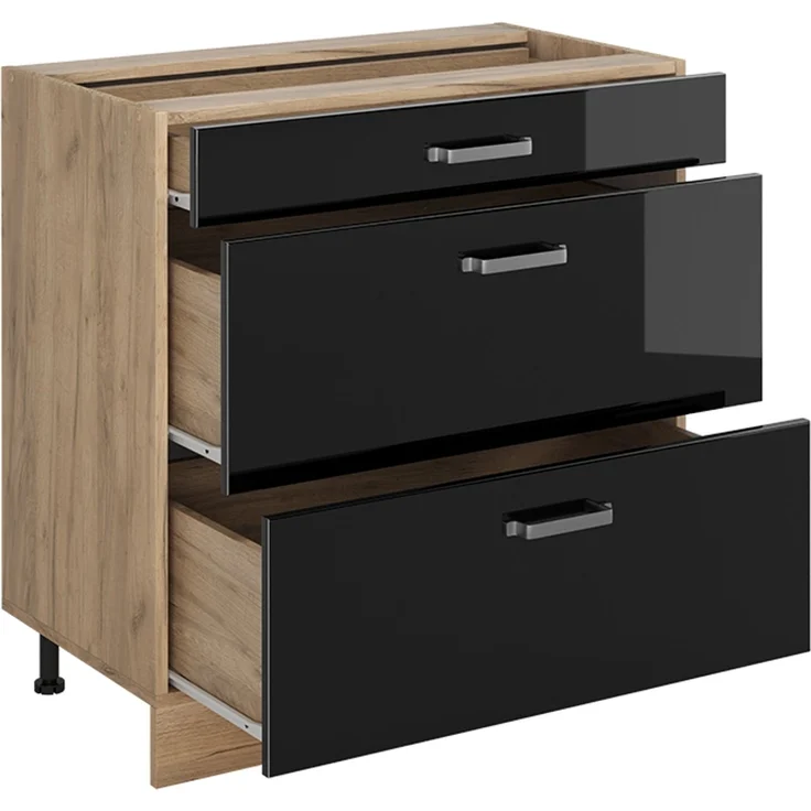 Küchenunterschrank R-Line Schwarz Hochglanz/Goldkraft Eiche 80 cm mit 3 Schubladen Arbeitsplatte Goldkraft Eiche Vicco – Bild 3