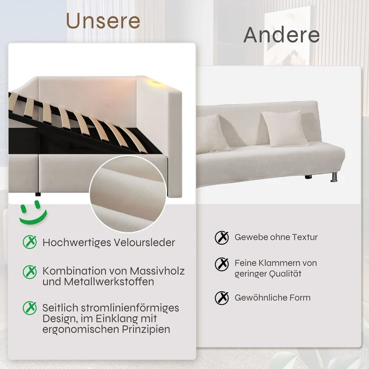 EINHOM Tagesbett Daybett 90 x 200 cm, Schlafsofa mit Hydraulischem Stauraum, Leselichtfunktion und USB-C-Ladefunktion, Kinderbett Jugendbett Bettgestell mit Lattenrost aus Holz, Samt, Beige, (Ohne Matratze) – Bild 3