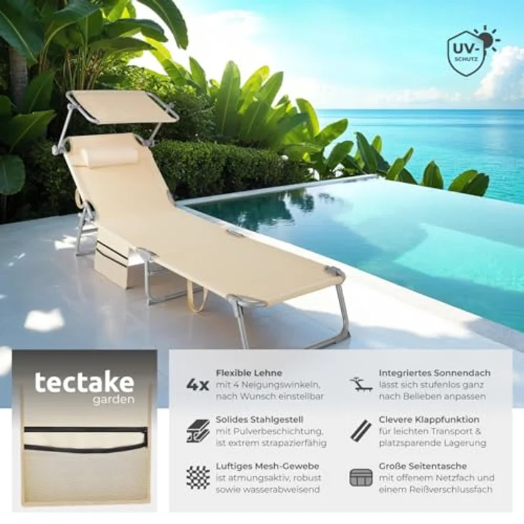 tectake® 2er Set Sonnenliege klappbar und tragbar, Liege mit Seitentasche, Strandliege, Gartenliege mit Dach, Liegestuhl mit Verstellbarer Rückenlehne, Kopfkissen - für Balkon, Terrasse (beige) – Bild 4