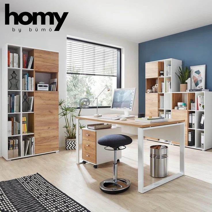 bümö Homy Aktenschrank & Regal Kombination, Büroschrank groß aus Holz 85cm breit in Weiß-Eiche - Schrank mit Aktenregal für's Büro & Homeoffice Ordnerschrank, HYASG-513 – Bild 2