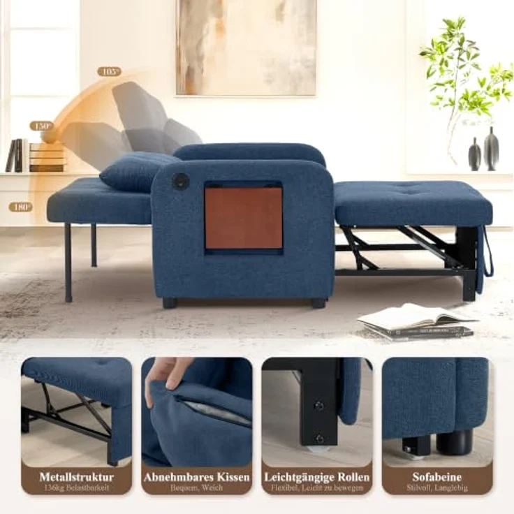 COLAMY Verwandelbarer Schlafsessel Stoff Futon Sofa Bett, Einzel Schlafsofa mit USB-Anschluss, klappbarem Tisch, Kissen und Verstellbarer Rückenlehne für Wohnheim, Schlafzimmer, Blau – Bild 5