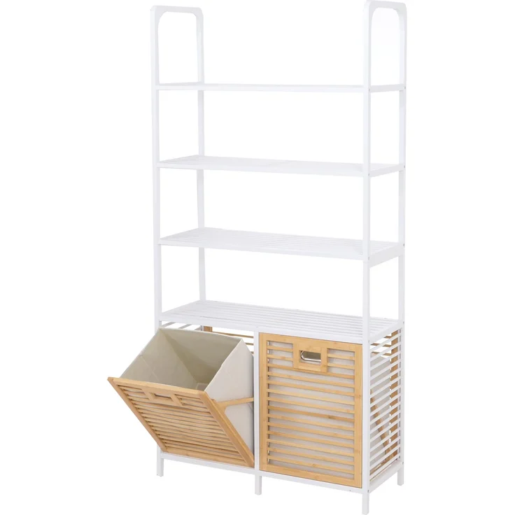 Bambus-Badezimmerschrank HWC-N83, Regal Badschrank, 2 Wäschekörbe 4 Regalböden MVG 168x81x33cm ~ natur-weiß, Korb natur – Bild 9