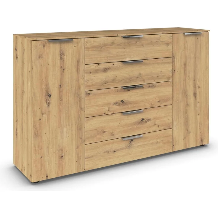 Rauch Möbel Flipp, Kombikommode, Kommode mit Stauraum für Wohnzimmer, Schlafzimmer, Flur, 4 Fachböden, Eiche Artisan, 2-türig, 5 Schubkästen, Griffe chrom, 160 x 100 x 42 cm