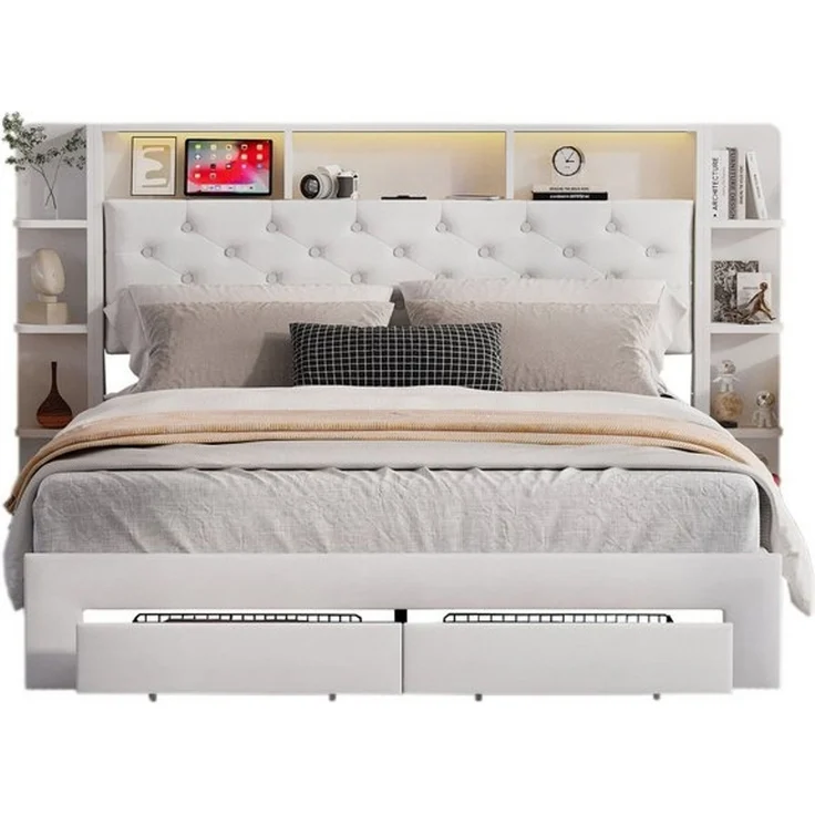 FUROKOY Stauraumbett Weiß Polsterbett Doppelbett mit 2 Schubladen (Set, 1-tlg, Stauraum Kopfteil), Funktionsbett, Samtstoff, Ohne Matratze, 160x200cm – Bild 4