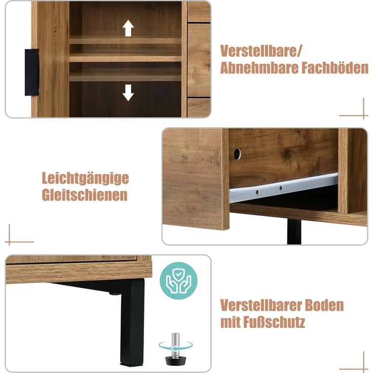 Kommode Spanplatte mit Metallbeinen, 2 Türen & 3 Schubladen, 120x40x76 cm, Dunkleiche – Bild 6