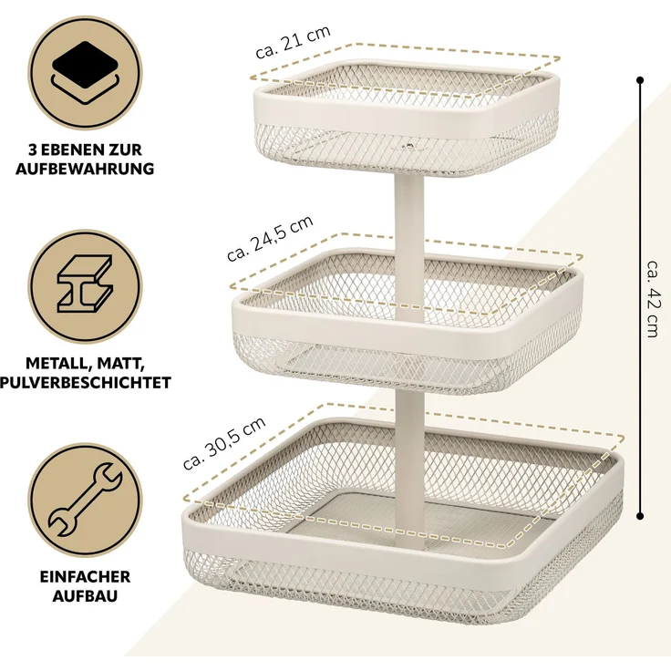 eluno Obstetagere, eckig 3-stöckig, 20 x 20 cm, 25 x 25 cm und 30 x 30 cm, aus Metall in beige – Bild 7