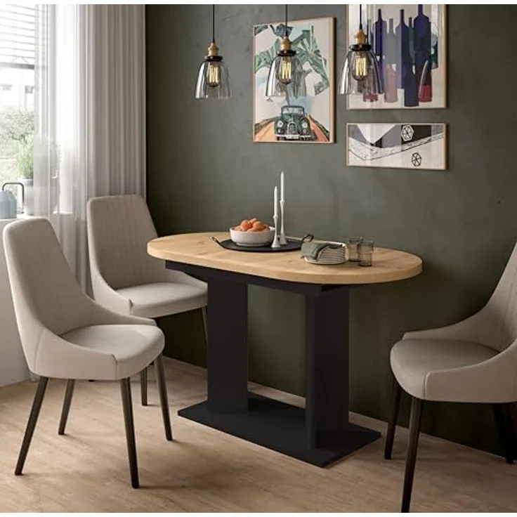xonox. home – Esstisch Gustav 130-170x76x70 cm in Artisan Eiche Nachbildung und Schwarz – Ausziehbarer Tisch mit Doppelsäule – variabel anpassbar, ummantelte Kanten & einfache Montage mit Anleitung – Bild 2