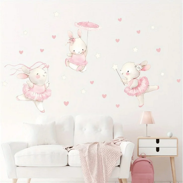 Montegoni Wandtattoo Kinder Tier Wandsticker (Dekoration Kindergarten Heimdekoration, Wandaufkleber mit Kaninchen tanzen Herz Möbel), Wandtattoo für Mädchenzimmer, Babyzimmer – Bild 1