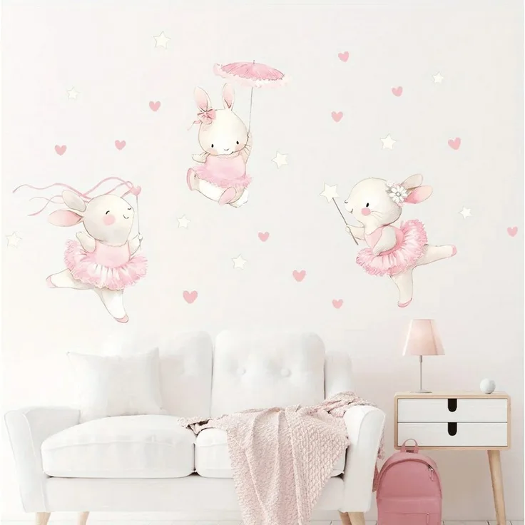 Montegoni Wandtattoo Kinder Tier Wandsticker (Dekoration Kindergarten Heimdekoration, Wandaufkleber mit Kaninchen tanzen Herz Möbel), Wandtattoo für Mädchenzimmer, Babyzimmer