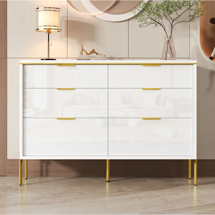 DESVIAE Sideboard mit 6 Schubladen 120x85,5x40 cm Spanplatte Weiß mit Hochglanzfronten – Bild 4