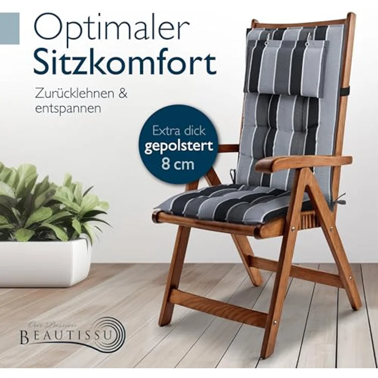 Beautissu Hochlehnerauflage 2er Set Sun-HL, 120x50x8cm, anthrazit-gestreift, mit Kopfpolster, rutschfest & robust, UV 5, Befestigungsbänder – Bild 2